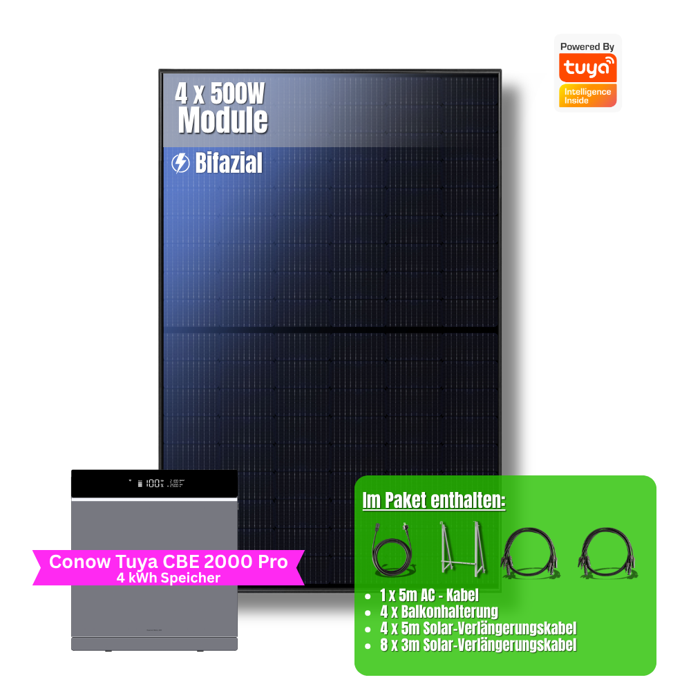 2000W Balkonkraftwerk Tuya mit 4kWh Speicher (4 x 500w Module + 2kwh Speicher CBE 2000 Pro + 2kWh Zusatzakku)