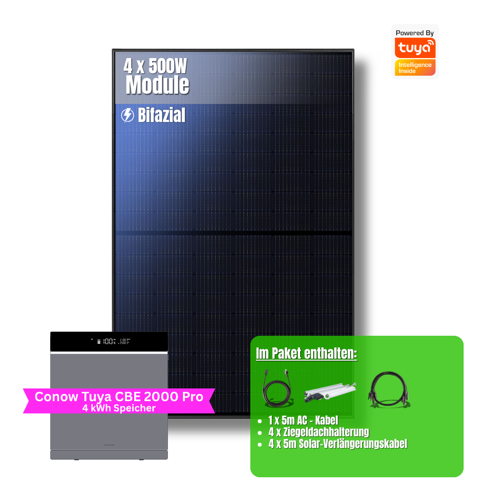 2000W Balkonkraftwerk Tuya mit 4kWh Speicher (4 x 500w Module + 2kwh Speicher CBE 2000 Pro + 2kWh Zusatzakku)