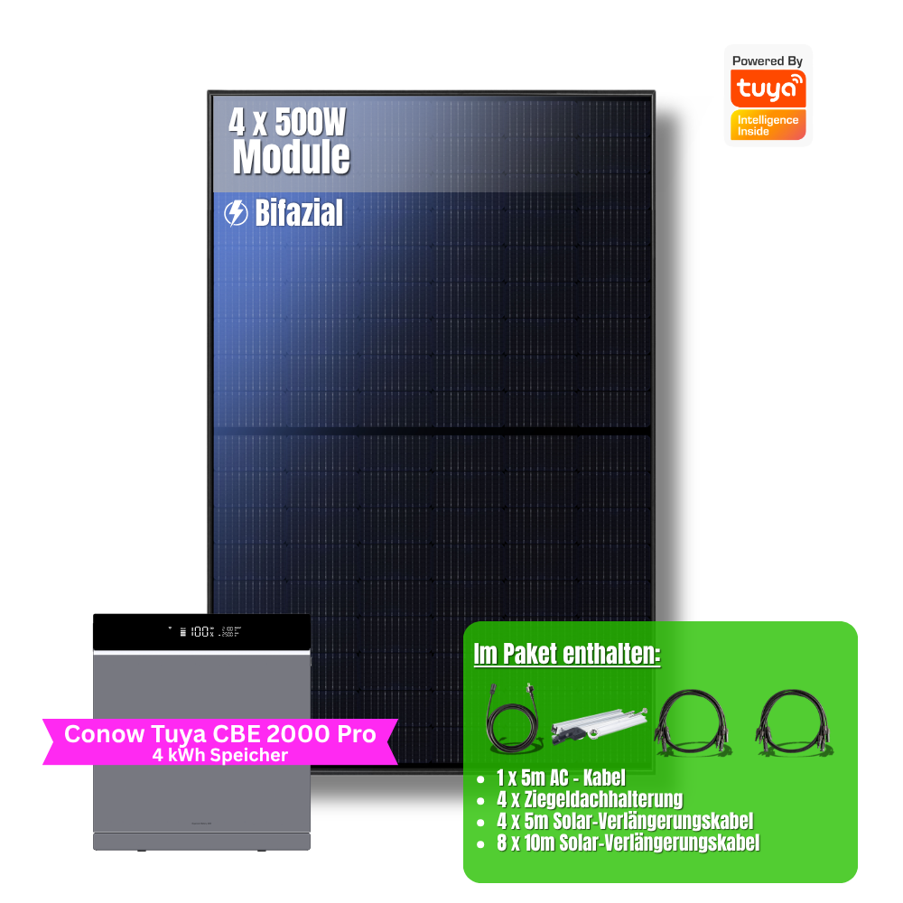 2000W Balkonkraftwerk Tuya mit 4kWh Speicher (4 x 500w Module + 2kwh Speicher CBE 2000 Pro + 2kWh Zusatzakku)