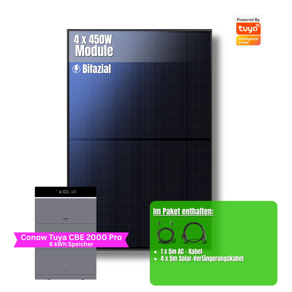 1800W Balkonkraftwerk Tuya mit 6kWh Speicher (4 x 450w Module + 2kwh Speicher CBE 2000 Pro + 2x 2kWh Zusatzakku)