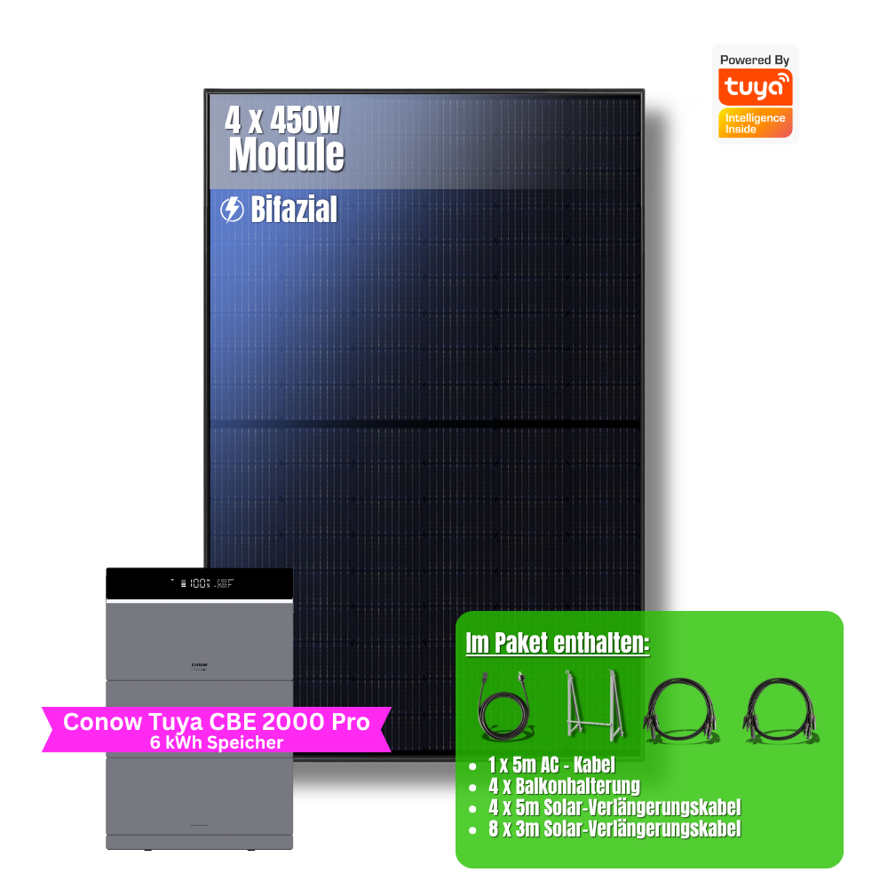 1800W Balkonkraftwerk Tuya mit 6kWh Speicher (4 x 450w Module + 2kwh Speicher CBE 2000 Pro + 2x 2kWh Zusatzakku)