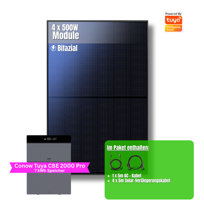 2000W Balkonkraftwerk Tuya mit 7kWh Speicher (4 x 500w Module + 2kwh Speicher CBE 2000 Pro + 5kWh Zusatzakku)