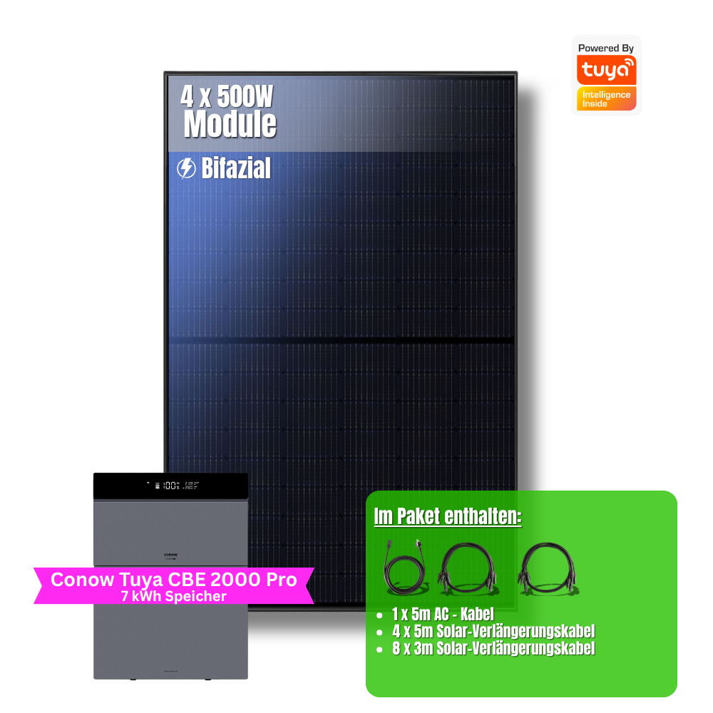2000W Balkonkraftwerk Tuya mit 7kWh Speicher (4 x 500w Module + 2kwh Speicher CBE 2000 Pro + 5kWh Zusatzakku)