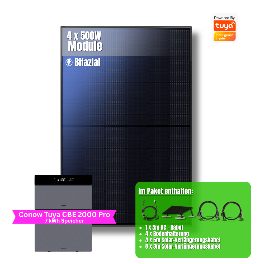 2000W Balkonkraftwerk Tuya mit 7kWh Speicher (4 x 500w Module + 2kwh Speicher CBE 2000 Pro + 5kWh Zusatzakku)