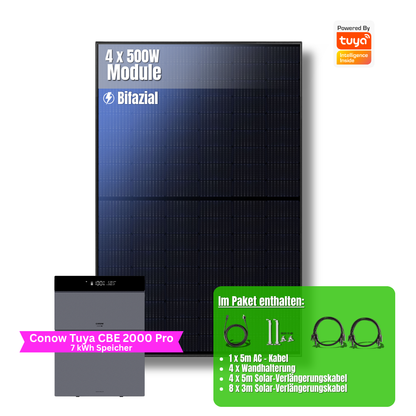 2000W Balkonkraftwerk Tuya mit 7kWh Speicher (4 x 500w Module + 2kwh Speicher CBE 2000 Pro + 5kWh Zusatzakku)