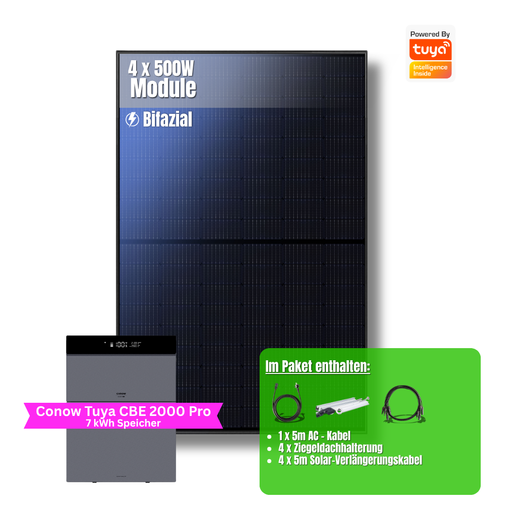 2000W Balkonkraftwerk Tuya mit 7kWh Speicher (4 x 500w Module + 2kwh Speicher CBE 2000 Pro + 5kWh Zusatzakku)