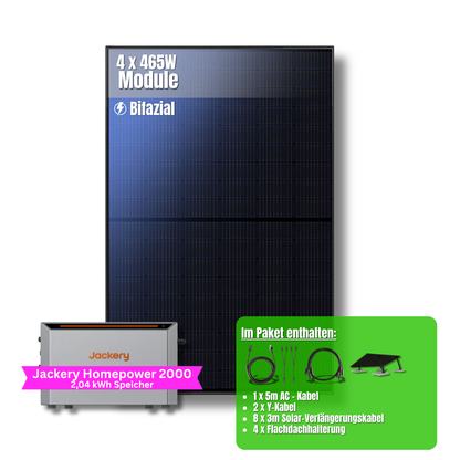 1860W Balkonkraftwerk Jackery mit 2kWh Speicher (4 x 465w Module + 2kWh Jackery Homepower 2000 Speicher)
