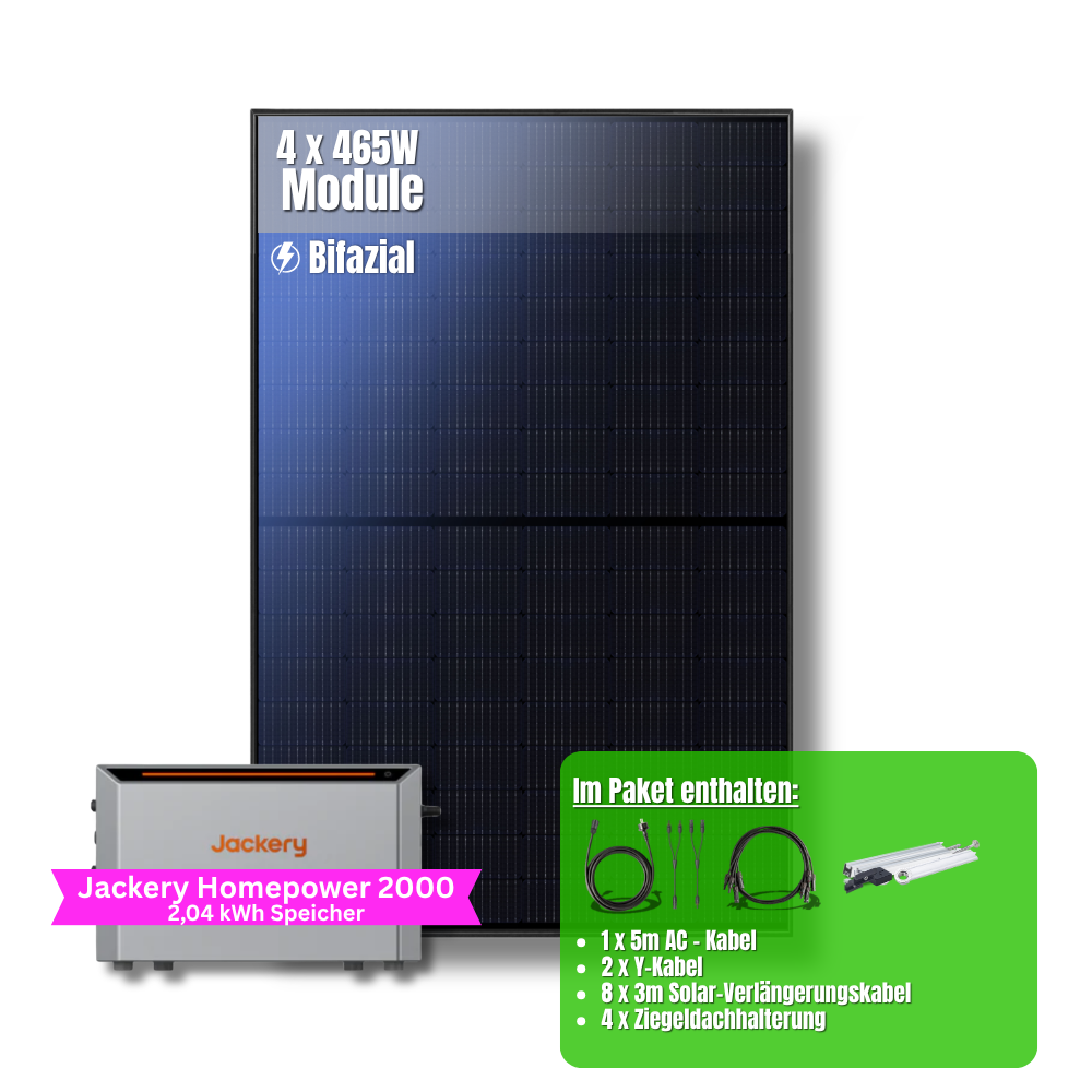 1860W Balkonkraftwerk Jackery mit 2kWh Speicher (4 x 465w Module + 2kWh Jackery Homepower 2000 Speicher)