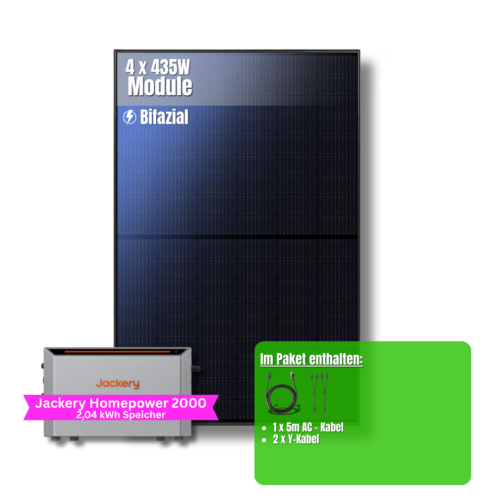 1740W Balkonkraftwerk Jackery mit 2kWh Speicher (4 x 435w Module + 2kWh Jackery Homepower 2000 Speicher)