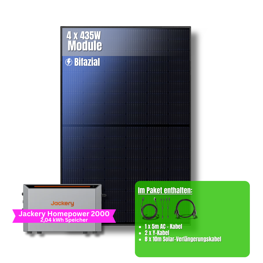 1740W Balkonkraftwerk Jackery mit 2kWh Speicher (4 x 435w Module + 2kWh Jackery Homepower 2000 Speicher)
