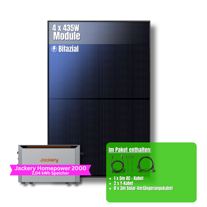 1740W Balkonkraftwerk Jackery mit 2kWh Speicher (4 x 435w Module + 2kWh Jackery Homepower 2000 Speicher)