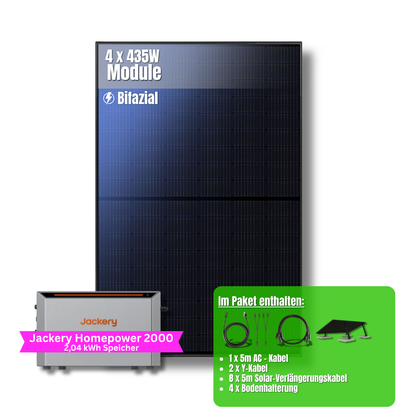 1740W Balkonkraftwerk Jackery mit 2kWh Speicher (4 x 435w Module + 2kWh Jackery Homepower 2000 Speicher)