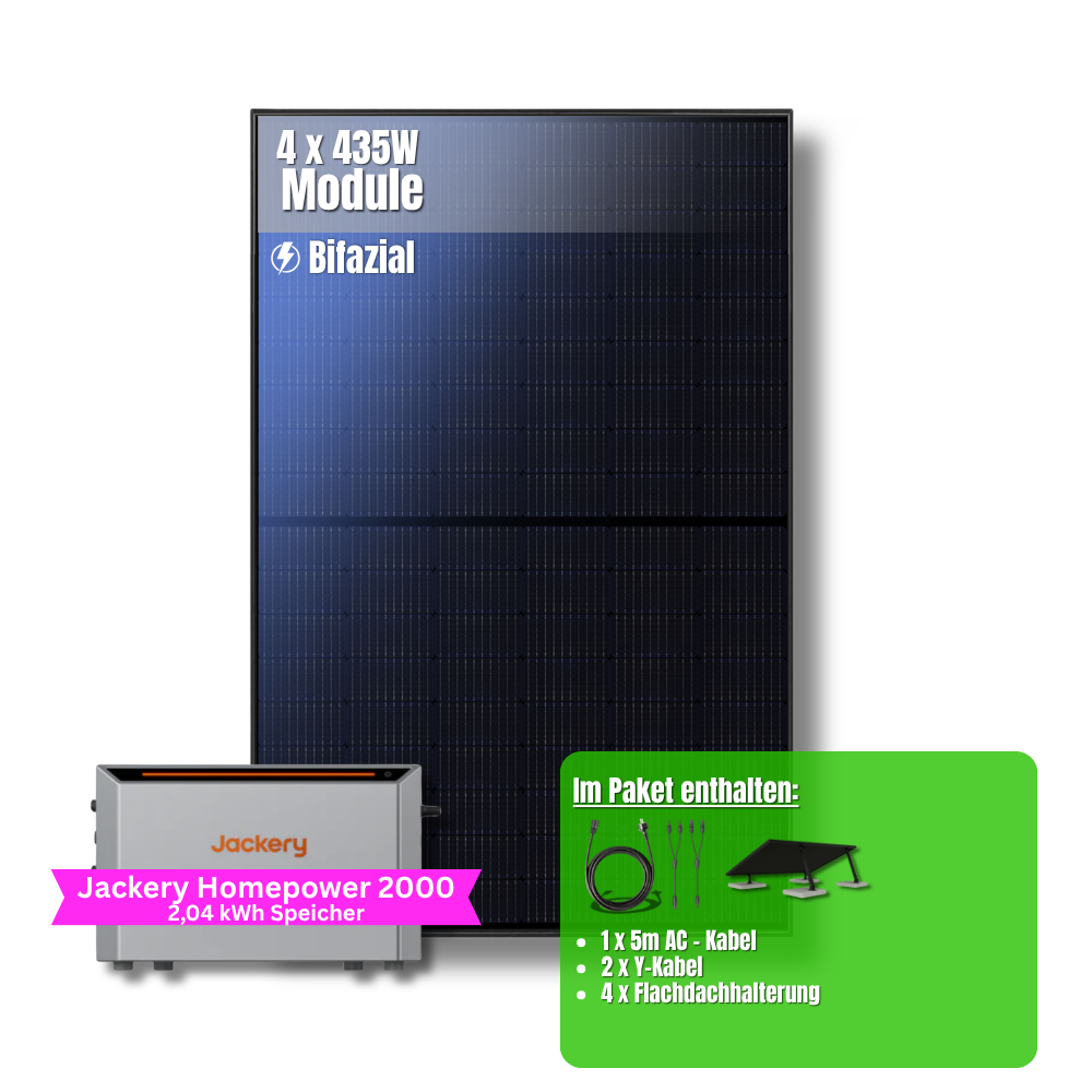 1740W Balkonkraftwerk Jackery mit 2kWh Speicher (4 x 435w Module + 2kWh Jackery Homepower 2000 Speicher)