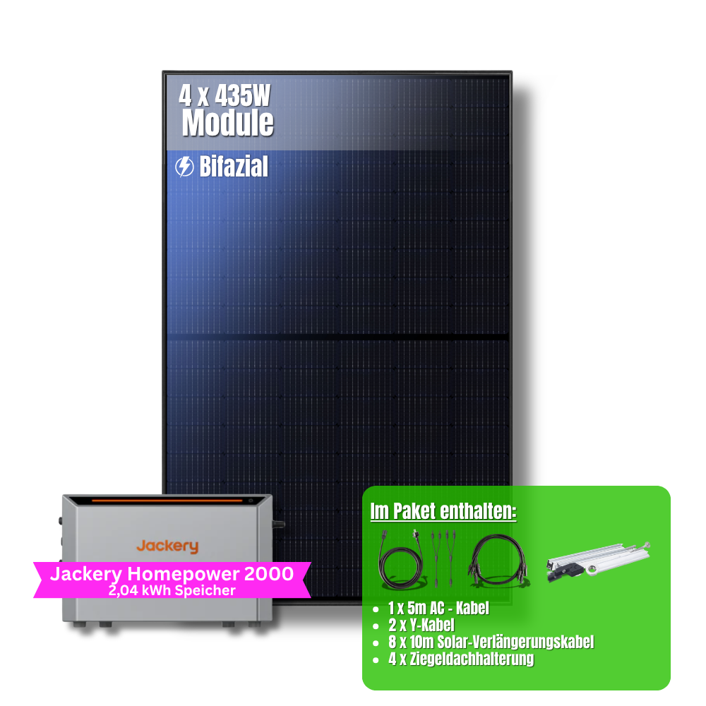 1740W Balkonkraftwerk Jackery mit 2kWh Speicher (4 x 435w Module + 2kWh Jackery Homepower 2000 Speicher)