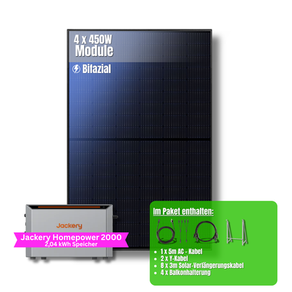 1800W Balkonkraftwerk Jackery mit 2kWh Speicher (4 x 450w Module + 2kWh Jackery Homepower 2000 Speicher)