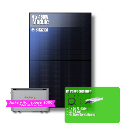 1800W Balkonkraftwerk Jackery mit 2kWh Speicher (4 x 450w Module + 2kWh Jackery Homepower 2000 Speicher)