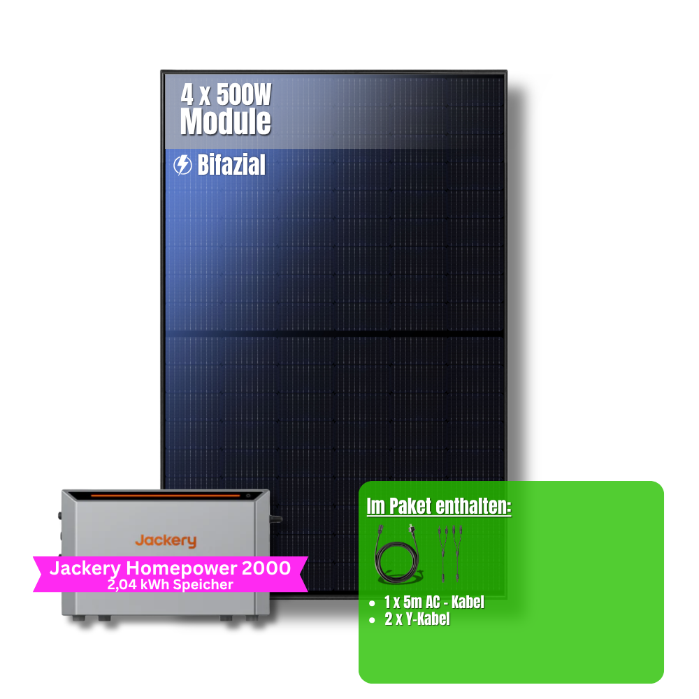 2000W Balkonkraftwerk Jackery mit 2kWh Speicher (4 x 500w Module + 2kWh Jackery Homepower 2000 Speicher)
