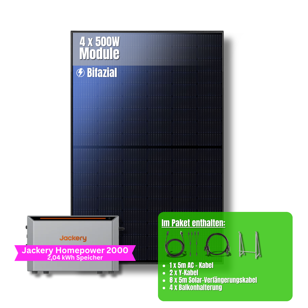 2000W Balkonkraftwerk Jackery mit 2kWh Speicher (4 x 500w Module + 2kWh Jackery Homepower 2000 Speicher)