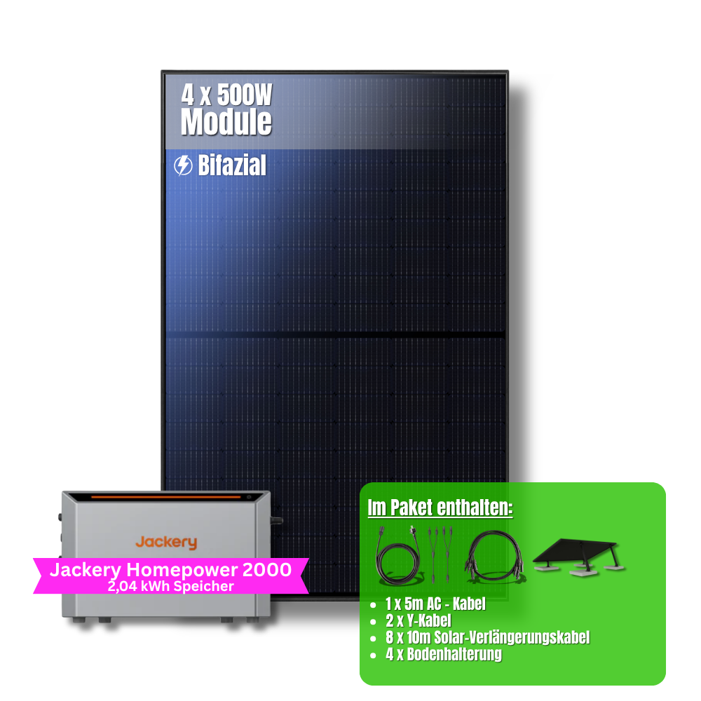 2000W Balkonkraftwerk Jackery mit 2kWh Speicher (4 x 500w Module + 2kWh Jackery Homepower 2000 Speicher)
