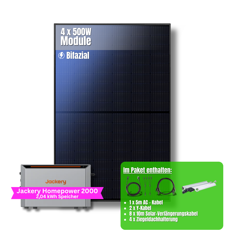 2000W Balkonkraftwerk Jackery mit 2kWh Speicher (4 x 500w Module + 2kWh Jackery Homepower 2000 Speicher)