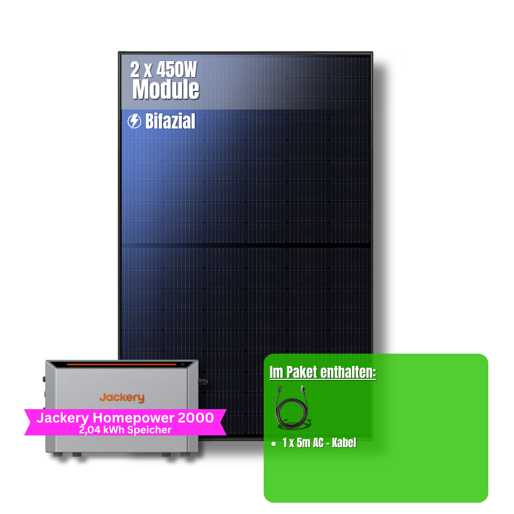 900W Balkonkraftwerk Jackery mit 2kWh Speicher (2 x 450w Module + 2kWh Jackery Homepower 2000 Speicher)
