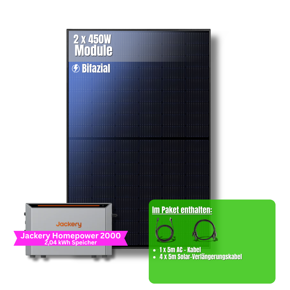 900W Balkonkraftwerk Jackery mit 2kWh Speicher (2 x 450w Module + 2kWh Jackery Homepower 2000 Speicher)