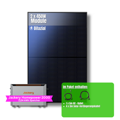 900W Balkonkraftwerk Jackery mit 2kWh Speicher (2 x 450w Module + 2kWh Jackery Homepower 2000 Speicher)