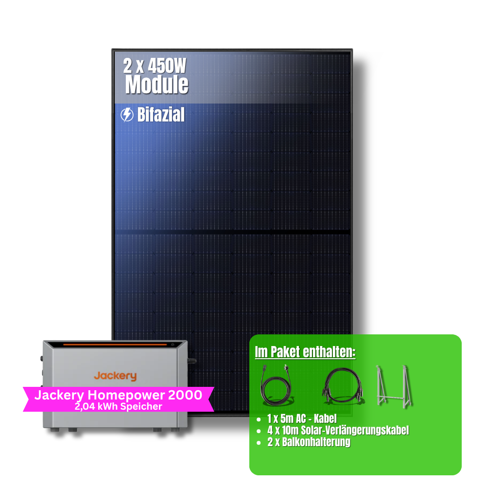 900W Balkonkraftwerk Jackery mit 2kWh Speicher (2 x 450w Module + 2kWh Jackery Homepower 2000 Speicher)