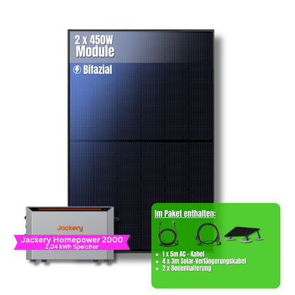 900W Balkonkraftwerk Jackery mit 2kWh Speicher (2 x 450w Module + 2kWh Jackery Homepower 2000 Speicher)