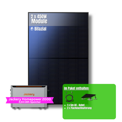 900W Balkonkraftwerk Jackery mit 2kWh Speicher (2 x 450w Module + 2kWh Jackery Homepower 2000 Speicher)