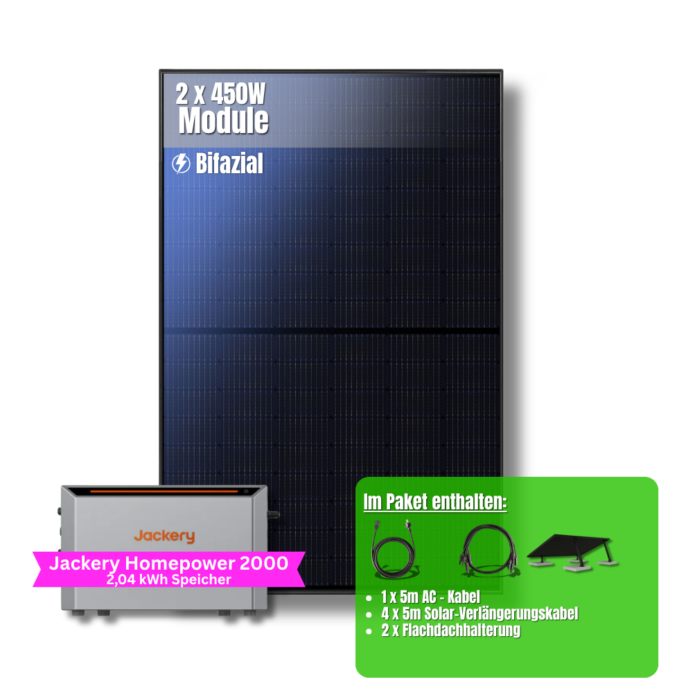 900W Balkonkraftwerk Jackery mit 2kWh Speicher (2 x 450w Module + 2kWh Jackery Homepower 2000 Speicher)