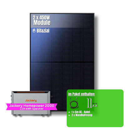 900W Balkonkraftwerk Jackery mit 2kWh Speicher (2 x 450w Module + 2kWh Jackery Homepower 2000 Speicher)