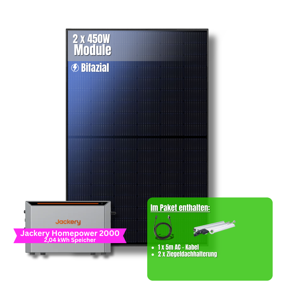 900W Balkonkraftwerk Jackery mit 2kWh Speicher (2 x 450w Module + 2kWh Jackery Homepower 2000 Speicher)