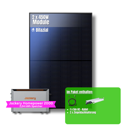 900W Balkonkraftwerk Jackery mit 2kWh Speicher (2 x 450w Module + 2kWh Jackery Homepower 2000 Speicher)