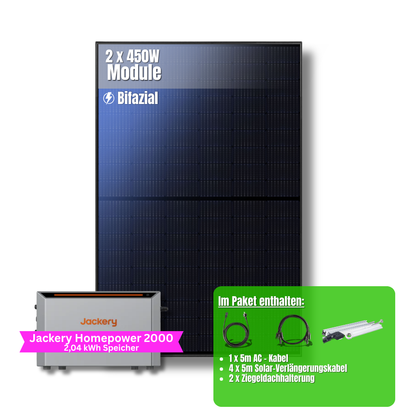 900W Balkonkraftwerk Jackery mit 2kWh Speicher (2 x 450w Module + 2kWh Jackery Homepower 2000 Speicher)