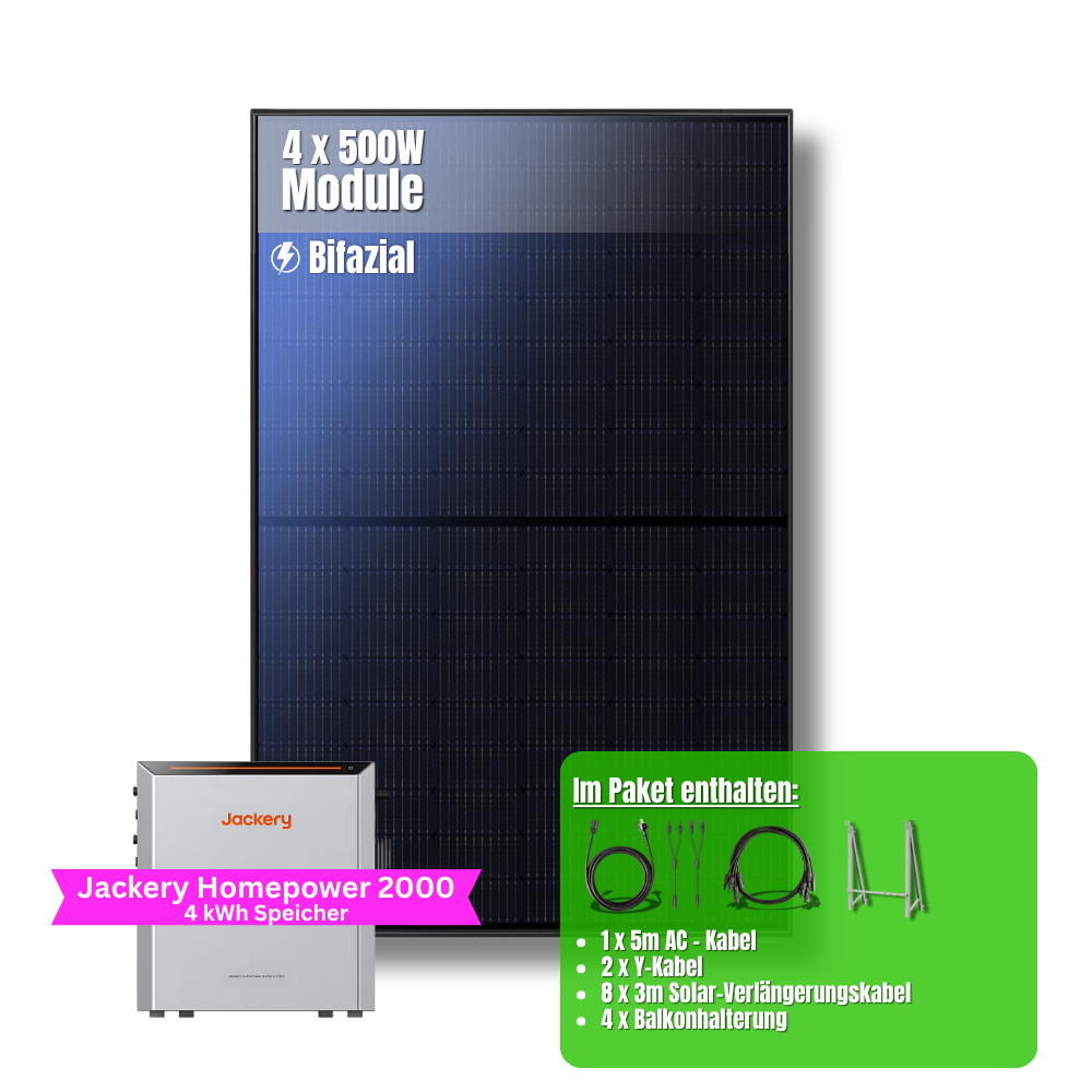 2000W Balkonkraftwerk Jackery mit 4kWh Speicher (4 x 500w Module + 2kWh Jackery Homepower 2000 Speicher + 1 x 2kWh Zusatzspeicher)