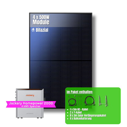 2000W Balkonkraftwerk Jackery mit 4kWh Speicher (4 x 500w Module + 2kWh Jackery Homepower 2000 Speicher + 1 x 2kWh Zusatzspeicher)