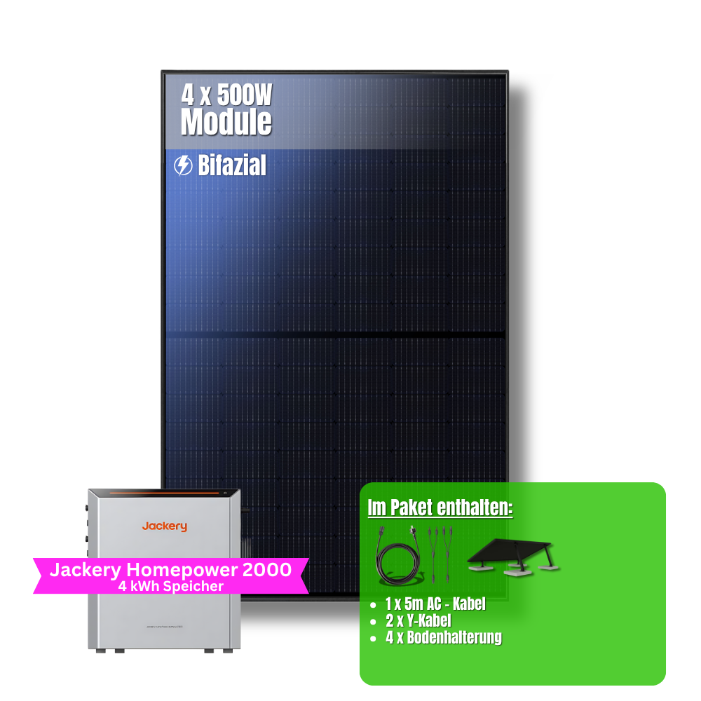 2000W Balkonkraftwerk Jackery mit 4kWh Speicher (4 x 500w Module + 2kWh Jackery Homepower 2000 Speicher + 1 x 2kWh Zusatzspeicher)
