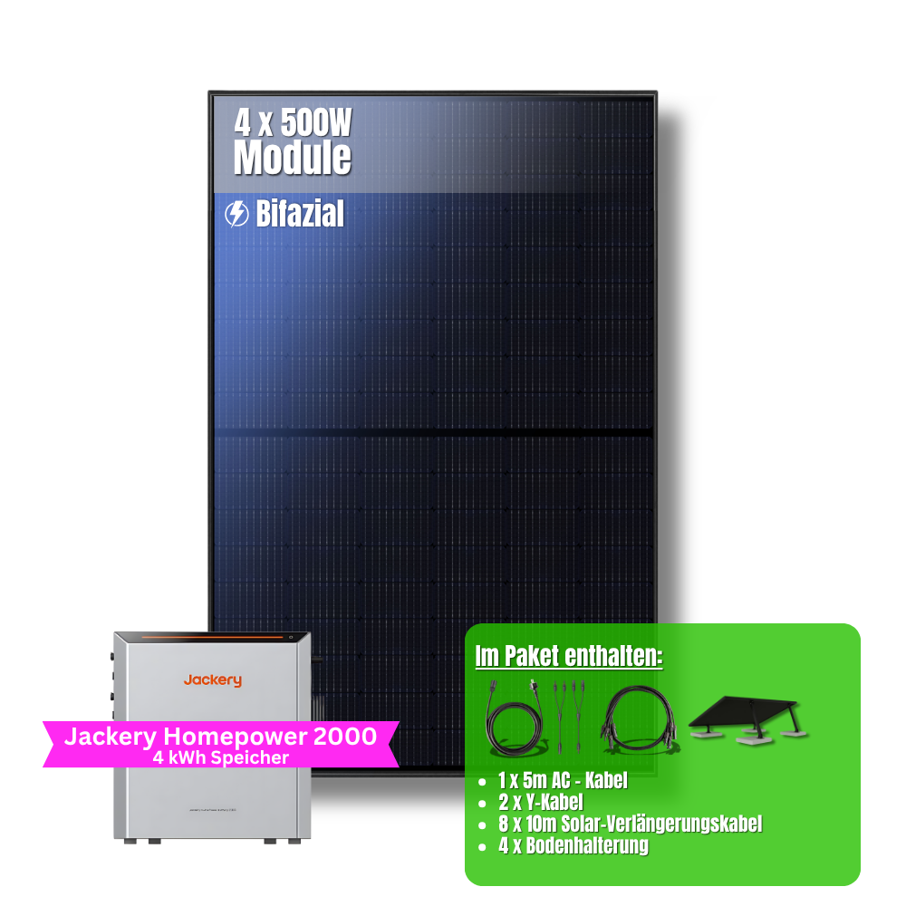 2000W Balkonkraftwerk Jackery mit 4kWh Speicher (4 x 500w Module + 2kWh Jackery Homepower 2000 Speicher + 1 x 2kWh Zusatzspeicher)
