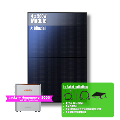 2000W Balkonkraftwerk Jackery mit 4kWh Speicher (4 x 500w Module + 2kWh Jackery Homepower 2000 Speicher + 1 x 2kWh Zusatzspeicher)