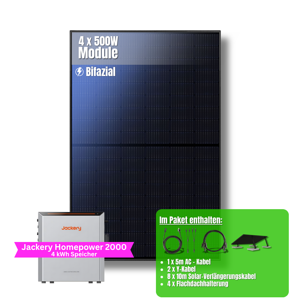 2000W Balkonkraftwerk Jackery mit 4kWh Speicher (4 x 500w Module + 2kWh Jackery Homepower 2000 Speicher + 1 x 2kWh Zusatzspeicher)