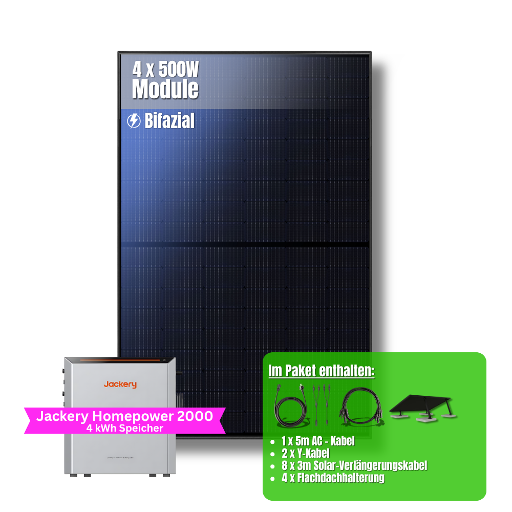 2000W Balkonkraftwerk Jackery mit 4kWh Speicher (4 x 500w Module + 2kWh Jackery Homepower 2000 Speicher + 1 x 2kWh Zusatzspeicher)