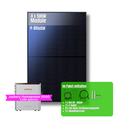 2000W Balkonkraftwerk Jackery mit 4kWh Speicher (4 x 500w Module + 2kWh Jackery Homepower 2000 Speicher + 1 x 2kWh Zusatzspeicher)