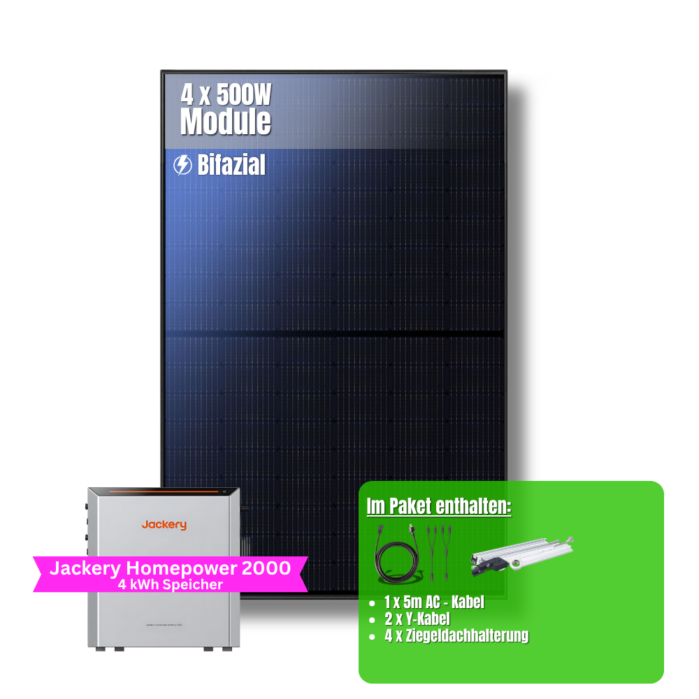 2000W Balkonkraftwerk Jackery mit 4kWh Speicher (4 x 500w Module + 2kWh Jackery Homepower 2000 Speicher + 1 x 2kWh Zusatzspeicher)