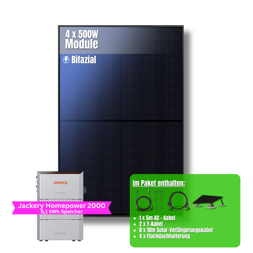 2000W Balkonkraftwerk Jackery mit 6kWh Speicher (4 x 500w Module + 2kWh Jackery Homepower 2000 Speicher + 2 x 2kWh Zusatzspeicher)