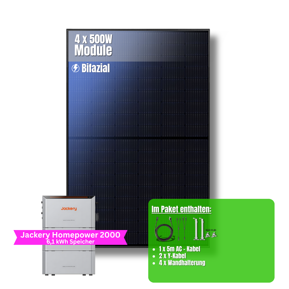 2000W Balkonkraftwerk Jackery mit 6kWh Speicher (4 x 500w Module + 2kWh Jackery Homepower 2000 Speicher + 2 x 2kWh Zusatzspeicher)