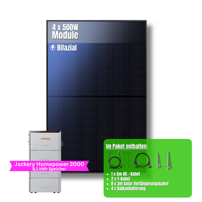 2000W Balkonkraftwerk Jackery mit 8kWh Speicher (4 x 500w Module + 2kWh Jackery Homepower 2000 Speicher + 3 x 2kWh Zusatzspeicher)