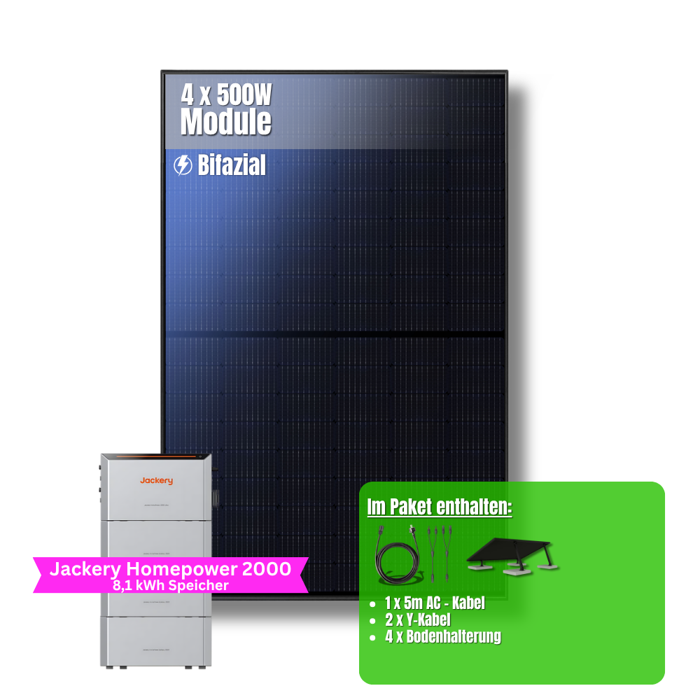 2000W Balkonkraftwerk Jackery mit 8kWh Speicher (4 x 500w Module + 2kWh Jackery Homepower 2000 Speicher + 3 x 2kWh Zusatzspeicher)