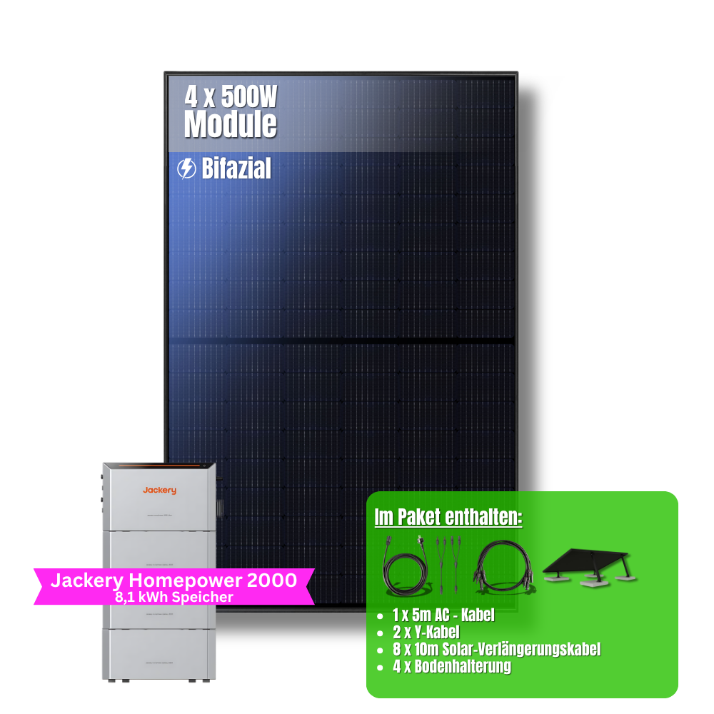 2000W Balkonkraftwerk Jackery mit 8kWh Speicher (4 x 500w Module + 2kWh Jackery Homepower 2000 Speicher + 3 x 2kWh Zusatzspeicher)