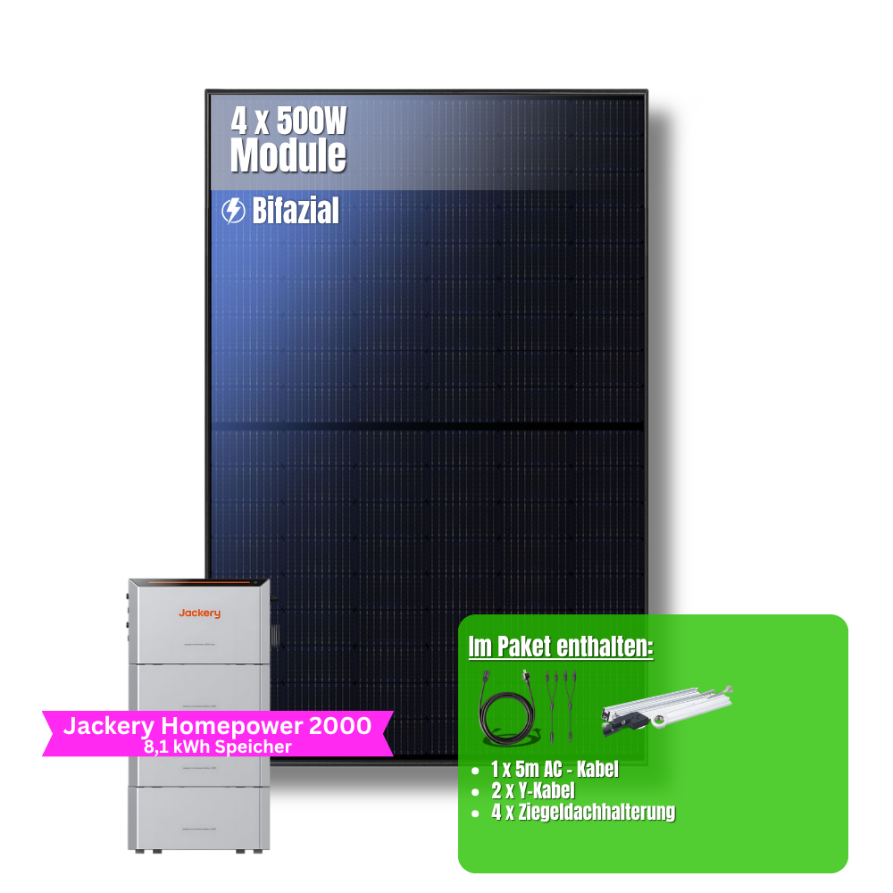 2000W Balkonkraftwerk Jackery mit 8kWh Speicher (4 x 500w Module + 2kWh Jackery Homepower 2000 Speicher + 3 x 2kWh Zusatzspeicher)